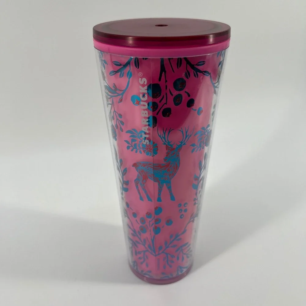 Starbucks Tumbler Pink Plastic Cold Cup 24 oz 2022 Color‎ Changing Woodland Lace